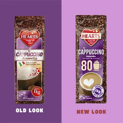 A comparison of two packaging designs for Hearts Cappuccino Amaretto, labeled 'OLD LOOK' and 'NEW LOOK'.