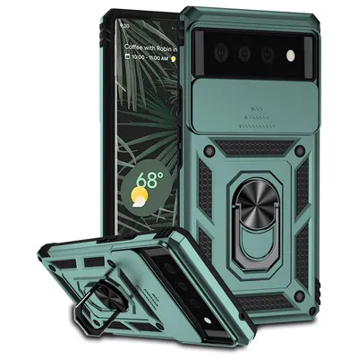 Immagine prodotto di Custodia per Google Pixel 6 a doppio strato con copertura scorrevole della fotocamera e supporto ad anello verde