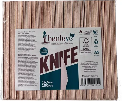 A package of wooden disposable knives.