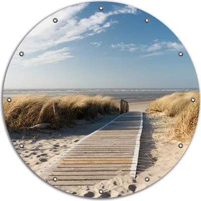 Produktbild von Wallario rundes Outdoor-Poster für Garten oder Balkon, Motiv Auf dem Holzweg zum Strand, 90 cm Durchmesser