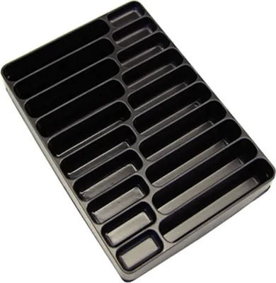 A black plastic organizer tray with multiple compartments, shown from a diagonal top-down view against a white background.