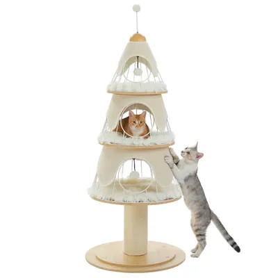 A multi-tiered cat tree with two cats interacting with it.