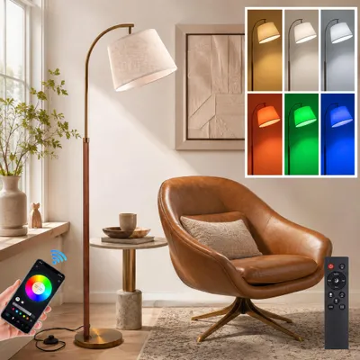 Image de Lampadaire LED Bois 170cm - Smart Lampe sur Pied Variable Sync Musique Minuteur Base Anti-Basculement Abat-Jour Tissu Bureau