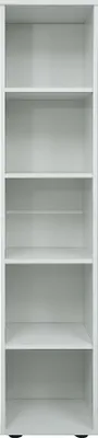 A tall, narrow, white, empty bookshelf with five shelves.
