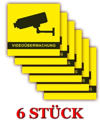 Produktbild von 6 Stück - XL Folienaufkleber Videoüberwachung gelb Größe 10 x 10cm - für innen und außen geeignet ( 507g )