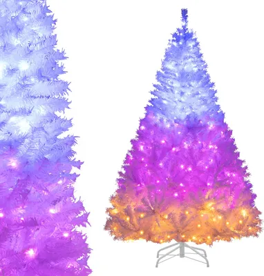 Obrázok produktu pre COSTWAY Umelý vianočný stromček 180 cm s osvetlením, vianočný stromček s 3 farebnými LED diódami a 11 svetelnými režimami, vianočný stromček, umelý vianočný stromček biely