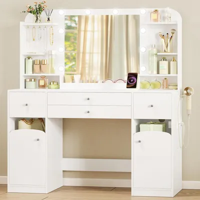 Image de Table de maquillage avec éclairage LED, plateau de 108 cm, 2 tiroirs, 2 compartiments, blanche