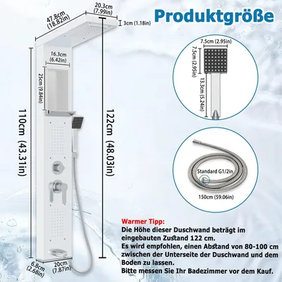 Produktbild von Regendusche-Set – Duschpaneel – Duschsäule – Handbrause – Wasserfallbrause – Edelstahl – 5 Modi – Weiß