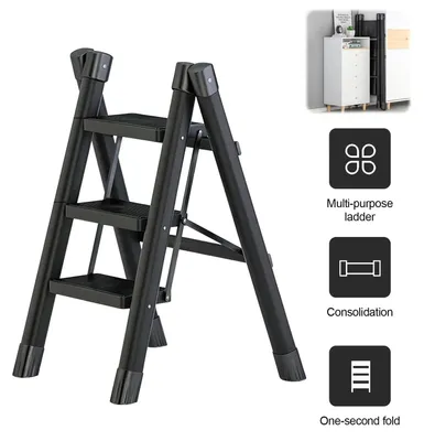 Obrázek produktu pro Skládací žebřík – 3 stupně – domácí použití – nerezová ocel – lehký – úsporný design – pro použití v interiéru i exteriéru – černý