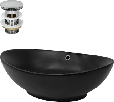Produktbild von LuxeBath Waschbecken Aufsatzwaschbecken Oval, 59x38x19 cm, Schwarz, aus Keramik, inkl. Ablaufgarnitur mit Überlauf