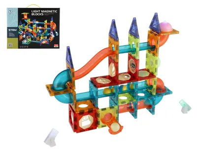 Obrázok produktu pre Magnetická plastová guľôčková dráha, 110 dielov, 16 guľôčok + príslušenstvo, na batérie, v krabici 36 × 28 × 9 cm
