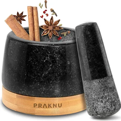 Produktbild von Famanu Mörser mit Stößel aus Granit - Mit Untersetzer ausHolz
