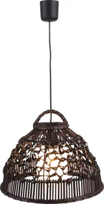 A hanging pendant lamp with a woven basket-like shade.