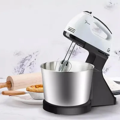Produktbild von 2-in-1 Hand- und Standmixer mit 2-l-Edelstahlschüssel, 7 Geschwindigkeitsstufen, 2 Rührbesen und 2 Knethaken