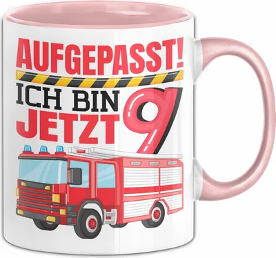 Produktbild von 9. Geburtstag Geschenk Tasse Becher Jungs Feuerwehr Aufgepasst Ich Bin Jetzt 9 (Rosa)