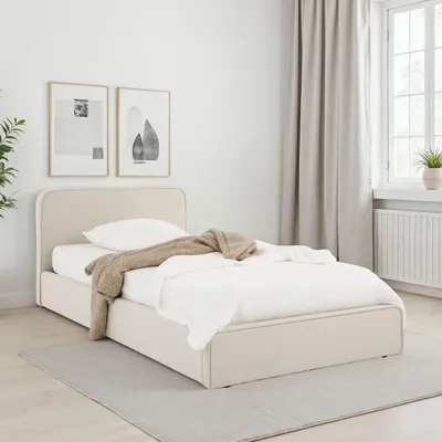 Produktbild von Polsterbett MARINI Einzelbett 90x200 cm in cremeweiß -  Bett gepolstert mit Lattenrost, modernes Design & stabiles Holzgestell mit Kunststofffüßen