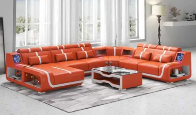 Image de Salon XXL Canapé En Forme De U Grand D’Angle En Cuir Orange