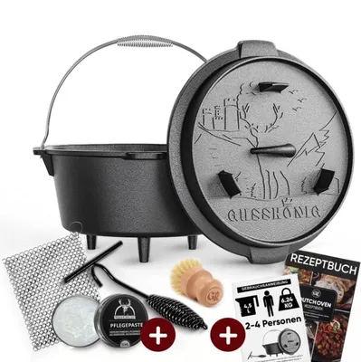 Produktbild von GUSSKÖNIG Dutch Oven Set [4.5L] mit Füßen - Eingebrannter Feuertopf mit 2in1 Deckelheber, Kettenreiniger & Pflegepaste [für 2-4 Personen]
