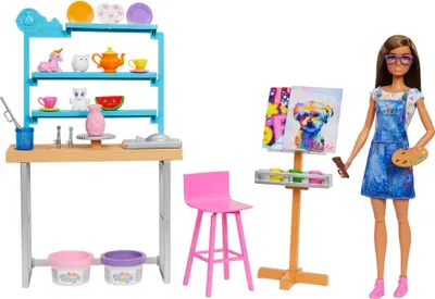 Produktbild von Barbie Wellness Kunst- & Kreativ-Atelier, Barbie-Puppe (ca. 30 cm), über 25 kreative Zubehörteile für Töpfern und Malerei, für Kinder von 3 bis 7 Jahren