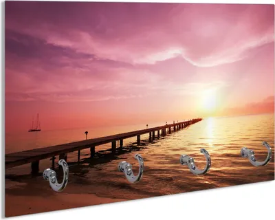 Produktbild von Wallario Schlüsselbrett aus Glas, Motiv: Auf dem Weg zur Sonne  Steg am Meer, 30 x 20 cm mit 4 Haken