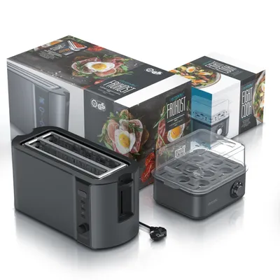 Produktbild von Arendo 2-teiliges Frühstücksset - 4-Scheiben Langschlitz Toaster, 8er Eierkocher, Grau