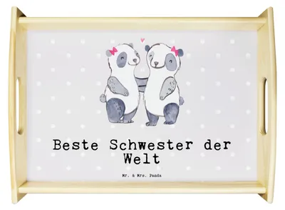 Produktbild von Mr. & Mrs. Panda Snack Tablett Panda Beste Schwester der Welt - Grau Pastell - Geschenk, Kinder, holz serviertablett, Geschwister, Deko, Holztablett, sofatablett, Sister
