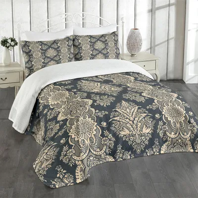 Produktbild von ABAKUHAUS Damast Tagesdecke Set, Viktorianisches Art Barockes Klassisches Muster mit Blumen Floral Muster, 264 x 220 cm, Koksgraue Creme