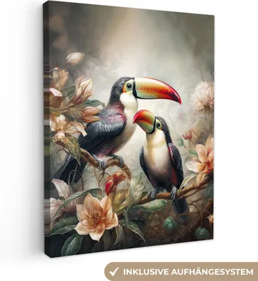 Produktbild von Wanddeko 30x40 cm - Tiere - Tukan - Vögel - Blumen - Dschungel, Deko Wohnzimmer, Bilder, Wanddeko
