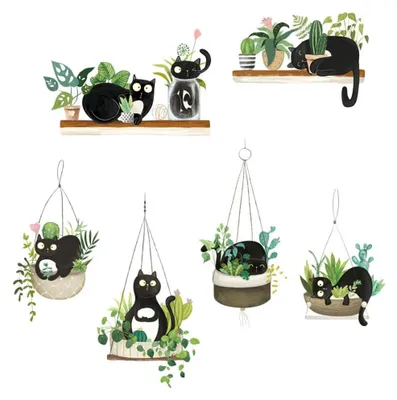 Immagine prodotto di Omgoods - Adesivo da parete con motivo di gatto e piante - Adesivi per cameretta dei bambini - Decorazione da parete in PVC - Decorazioni per bambini - 90x30 cm - Decorazione creativa per pareti