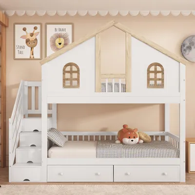 Produktbild von Merax Etagenbett 90x200cm mit Stauraumtreppe und Schubladen, Hausbett mit Rausfallschutz und Fensterdesign, Kinderbett mit Stauraum, Weiß/Natur