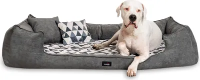 Produktbild von tierlando® Orthopädisches Hundebett VELVET Samt Velours Dreiecke geometrisch - Größe: 130x100cm | Farbe: 0205 Graphit-Creme
