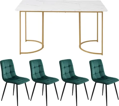 Produktbild von Flieks Essgruppe Esstisch mit 4 Esszimmerstuhl, Sitzgruppe Küchentischset 5tlg., Küchentisch mit 4 Esszimmerstuhl, Stuhl mit Samtbezug, Grün Gold
