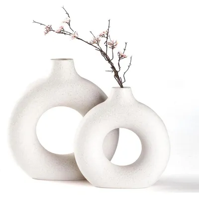 Produktbild von Vasen Set 2 Stück Beige Keramik Donut-Design Matt 13,5-22,5 cm