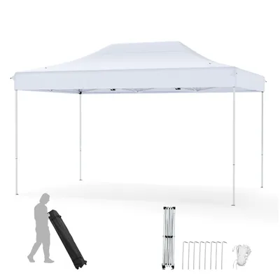A white pop-up canopy tent is shown fully assembled on a white background. A silhouette of a person is shown to the left, holding a rolled-up tent bag. Several tent stakes and a folded tent frame are also visible at the bottom of the image.