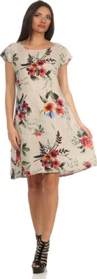 Produktbild von 330 Mississhop Damen Boho Kleid 100 % Leinenkleid Strandkleid schickes elegantes Sommerkleid Blumen Muster Beige