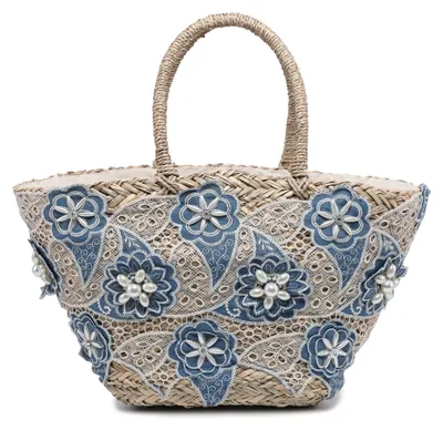 Produktbild von Strohtasche Marcella Damen Handgeflochten mit blauen Blütenstickereien und Perlen blu jeans UNICA 54x25x16 cm BLU