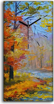 Produktbild von Wohnzimmer-Bild Leinwand Uhr Geräuschlos 30x60 Ölgemälde Wald Bäume Herbst Kunst - schwarze Hände