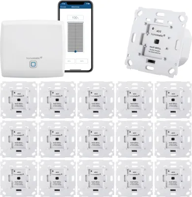 Produktbild von Homematic IP Rolladensteuerung für 16 Rolladen. Smart Home Set mit App zur Automatisierung der Rolläden. Ideal zur Nachrüstung. Alexa kompatibel. Inhalt: Access Point, 16 Funk Rolladenaktoren, Adapter.
