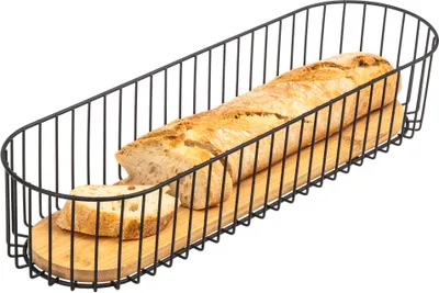 Produktbild von eluno Drahtschale mit Bambusboden, Drahtkorb Mehrzweckkorb, Obstschale, Brotkorb, Brötchenkorb, langer Korb für Baguette, matt schwarz