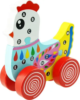 Image de puzzle 3D poule en bois avec roues à tirer
