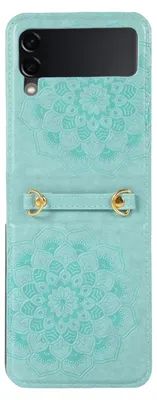 A teal flip phone case with a mandala design is shown against a white background.