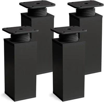 Produktbild von Design-Meubelpoten in Schwarz | Set von 4 | Höhenverstellbar | Vierkant Profil: 40 x 40 mm | Schwarzgrundierung | Höhe: 120 mm (+ 20 mm) | Mit hochwertigen Holzschrauben