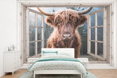 Produktbild von MuchoWow® Fototapete für Wohnzimmer oder Schlafzimmer Wandtapete Vinyl Motivtapete Schottischer Highlander - Kuh - Berg - Aussicht - 450x300 cm - Gemusterte
