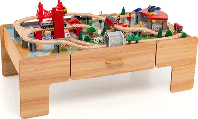 Produktbild von COSTWAY 100-teiliges Eisenbahn-Spielzeugset, Kinderspieltisch aus Holz mit umkehrbarer Tischplatte, Schublade, Schienen-Spielset mit Tisch für Kinder ab 3 Jahren
