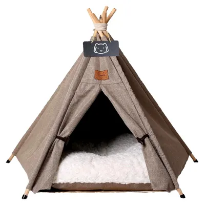 Produktbild von Tipi-Zelt für Haustiere - Hundezelt und Katzenzelt mit Plüschkissen, faltbares Haustierzelt 50x50x60cm