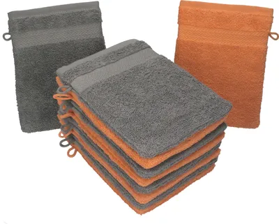 Produktbild von Betz 10 Stück Waschhandschuhe 16x21 cm PREMIUM 100% Baumwolle  Farbe: orange und anthrazit