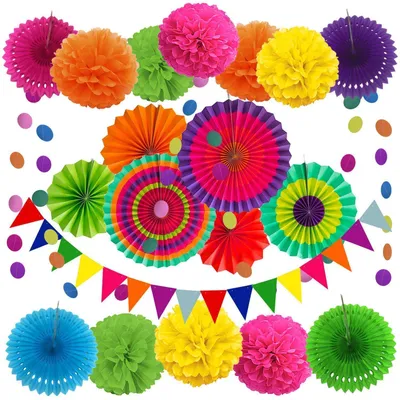 Immagine prodotto di Set di decorazioni per feste, 21 pezzi: pompon di carta, ventagli, bandierine, ghirlande, multicolore