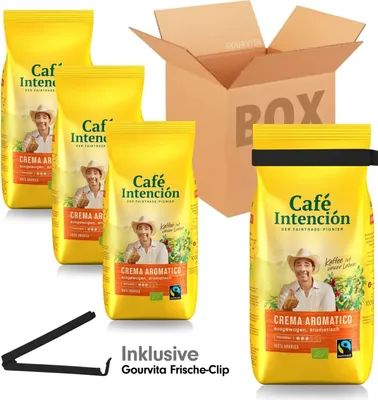 Produktbild von SPARBOX Café Intención Crema Aromatico + gratis Gourvita  Frische-Clip, 4x1000g Bohnen