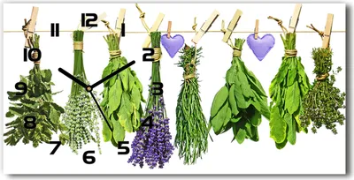 Produktbild von Wanduhr aus Glas – 60x30 cm - Glasbild - Glasuhr - Gehärtetes Glas - schwarze-zeiger - Kräuter auf einer Schnur