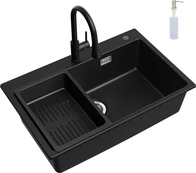 Produktbild von CECIPA max Spülbecken Schwarz 70x45x20 cm mit Wasserhahn Schwarz Ausziehbar, 1 Becken Küchenspüle Einbaubar ab 80 cm Schrankbreite